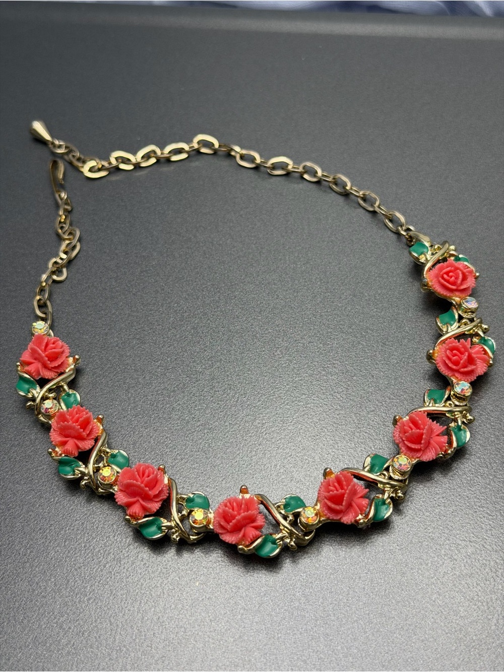 Vintage Celluloid Coral Rose Statement Necklace